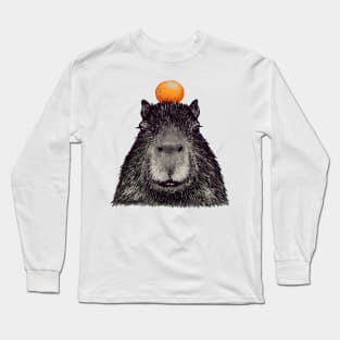 Capybara  Orange | Capy Yuzu | Capybara with Orange on Head | His Name - Gort | Portrait Long Sleeve T-Shirt